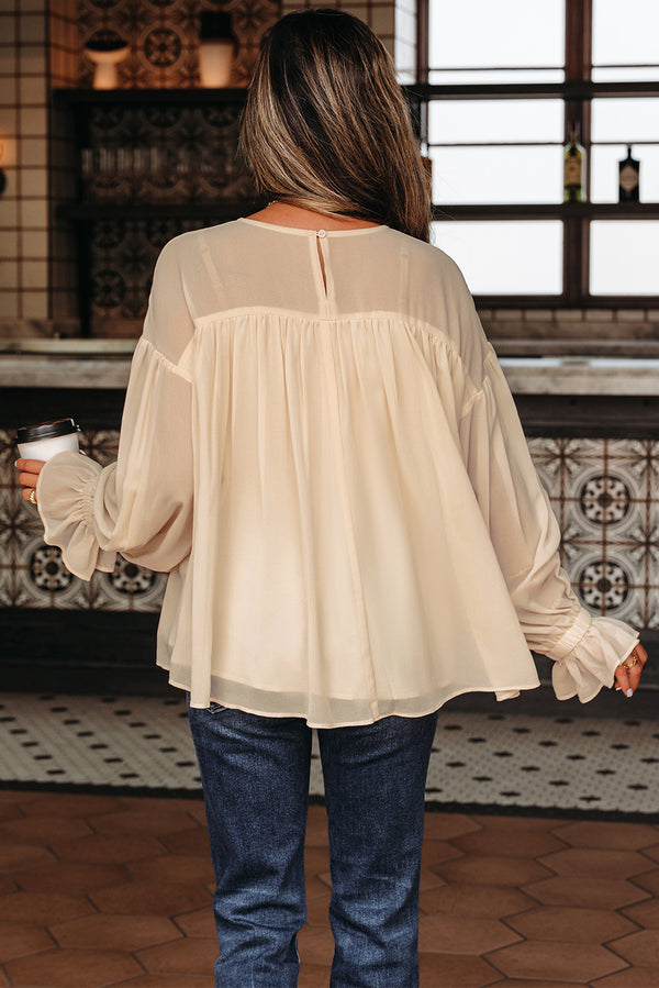 Beige Pleated Ruffle Long Sleeve Chiffon Blouse