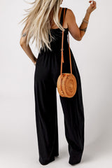 Solid Smocked Sleeveless Wide Leg Jumpsuit with Pockets