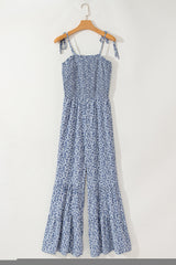 Thin Straps Smocked Bodice Wide Leg Floral Jumpsuit