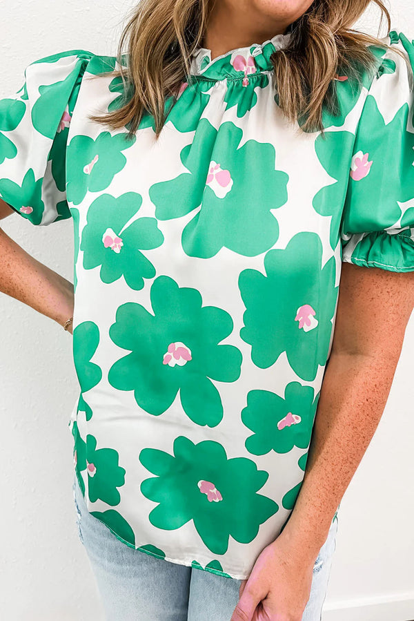 Style in Comfort Floral Puff Sleeve Frill Neckline Blouse