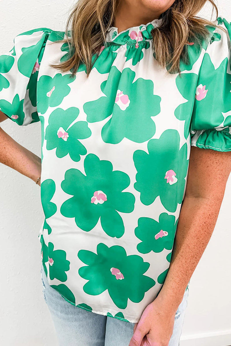Style in Comfort Floral Puff Sleeve Frill Neckline Blouse