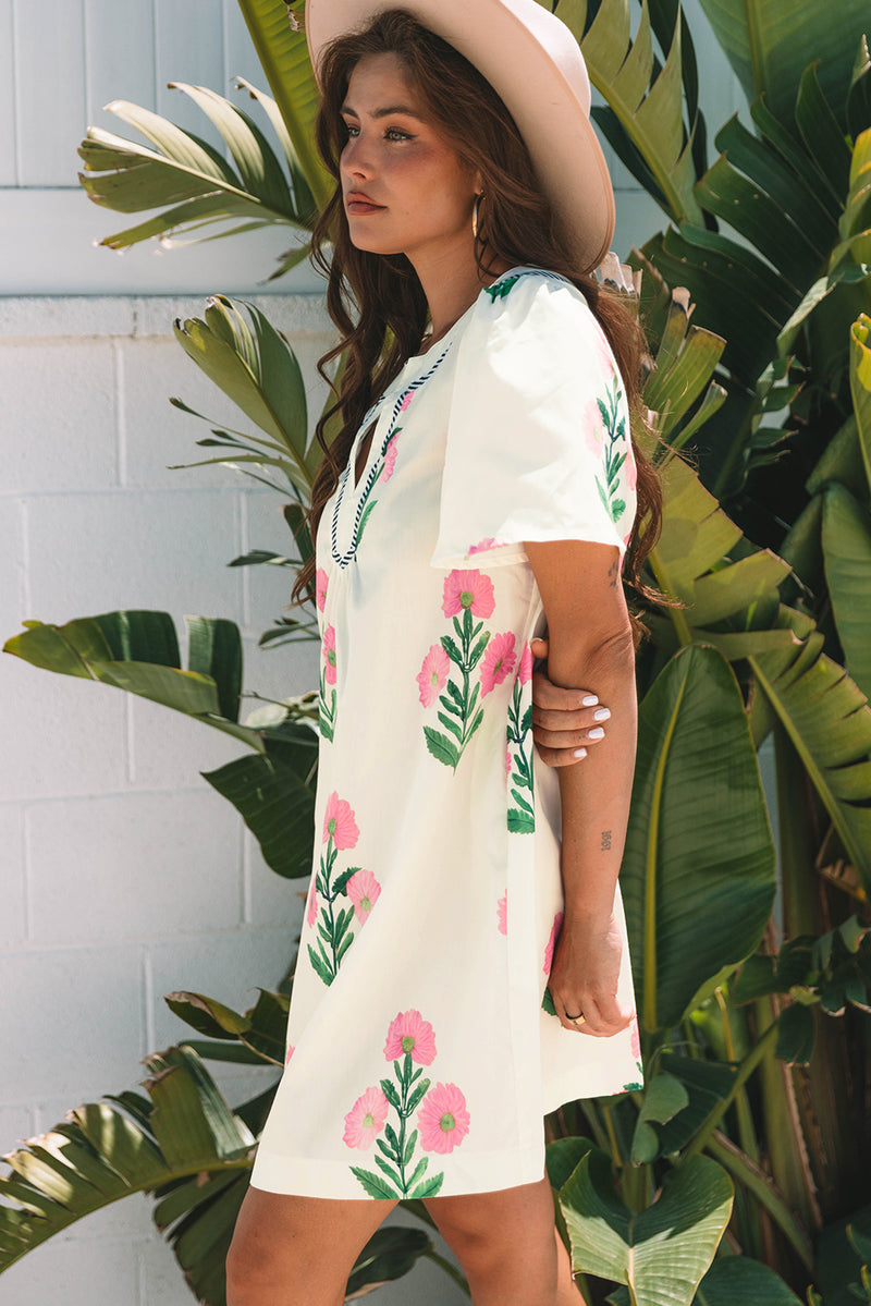 Floral Short Sleeve Split Neck Loose Mini Dress