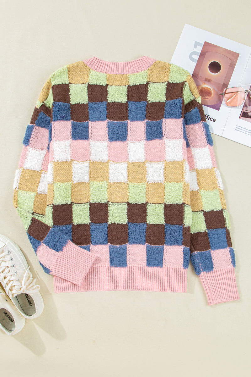 Multicolour Plush Checkered Pattern Button Front Cardigan Sweater