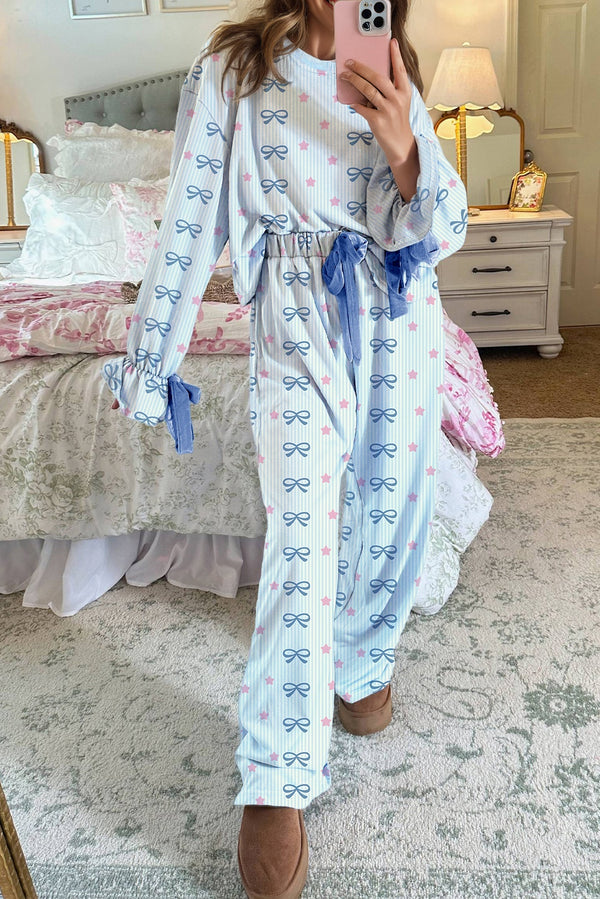 Stripe Bow Star Print Tied Detail 2pcs Lounge Set