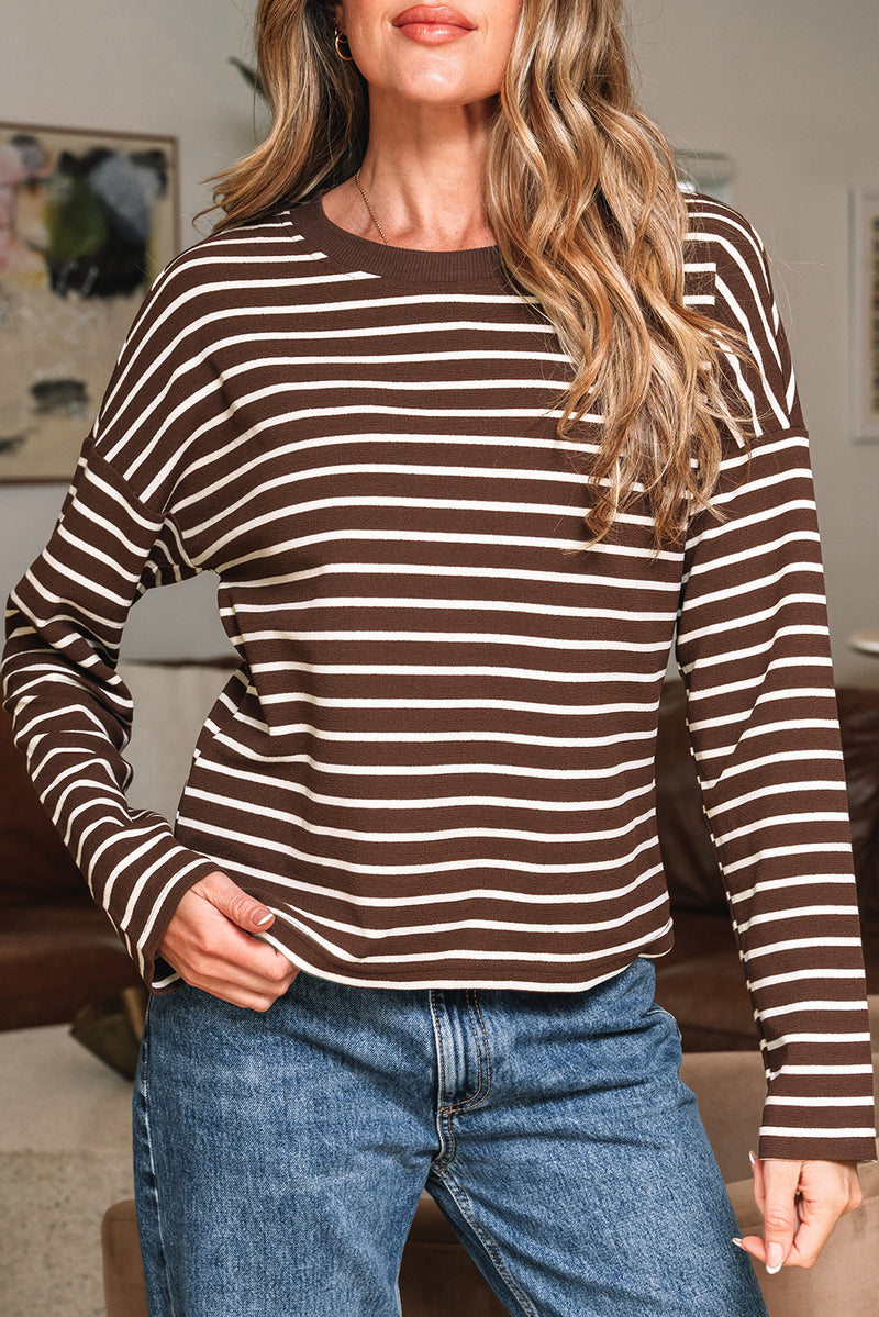 Stripe Ribbed Cropped Crew Neck Long Sleeve T Shirt