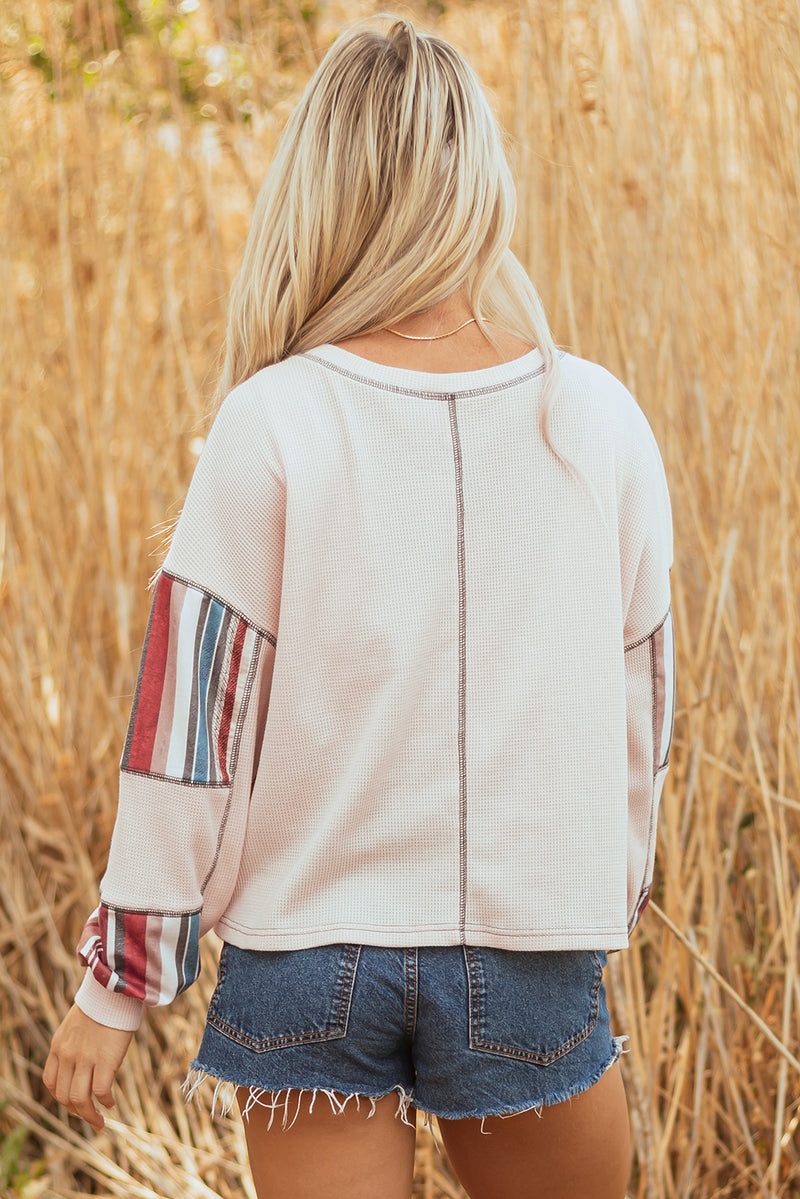 Striped Waffle Patchwork Exposed Seam Raw Edge Casual Knit Top
