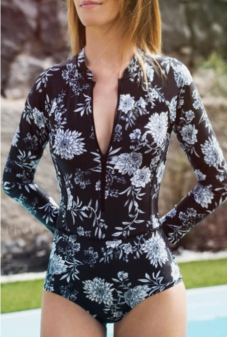 floral long sleeve one-piece swimsuit