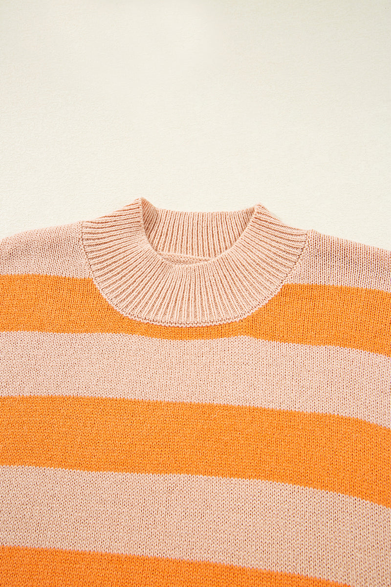 Stripe Color Block High Neck Drop Shoulder Cozy Sweater