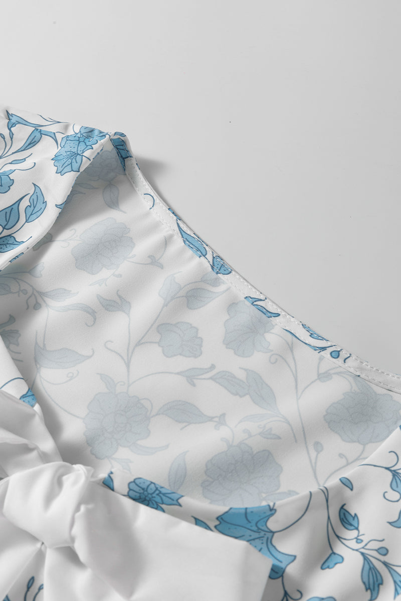 Floral Contrast Bow Puff Sleeve Mini Dress