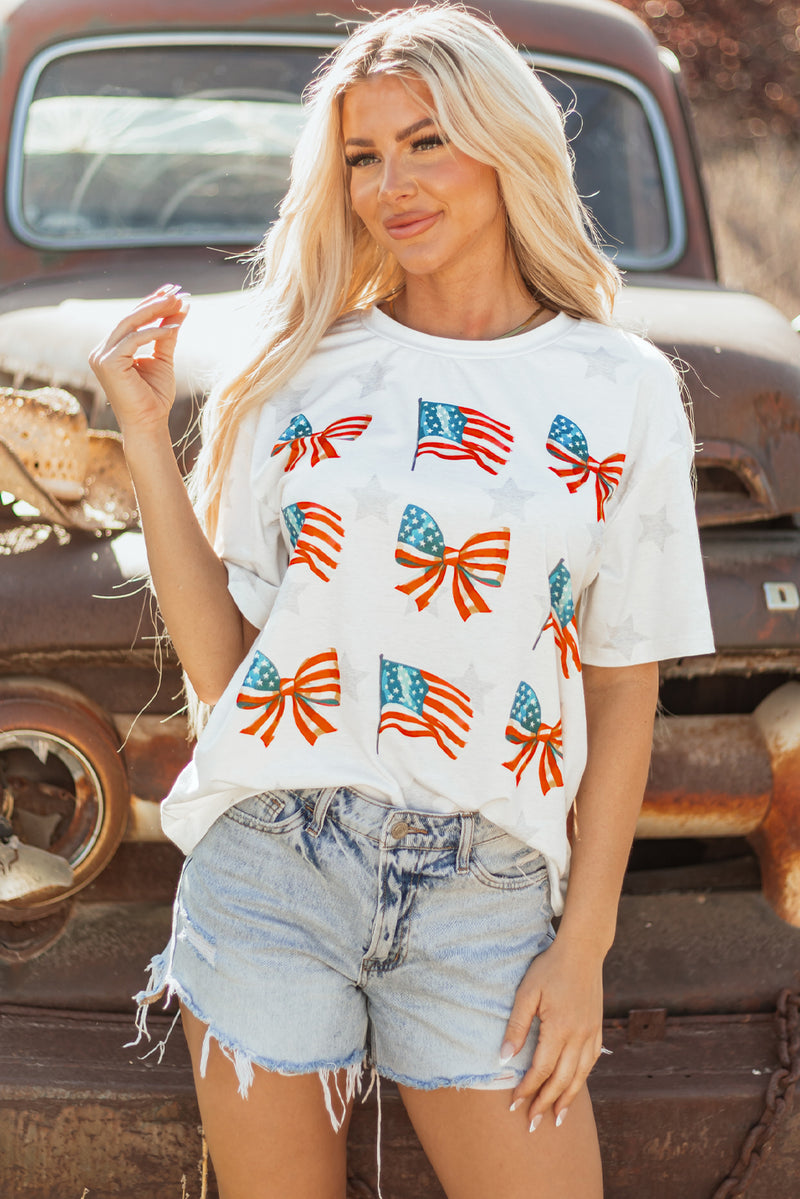 Patriotic Flag Bow Graphic Starry Round Neck T Shirt