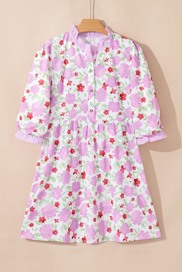 Floral Print Striped Trim Frilled Neck 3/4 Sleeve Flared Mini Dress