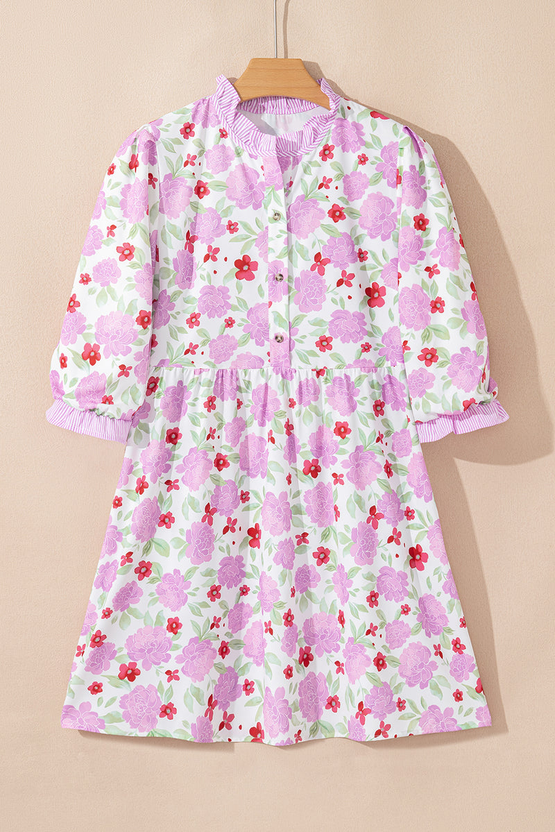 Floral Print Striped Trim Frilled Neck 3/4 Sleeve Flared Mini Dress