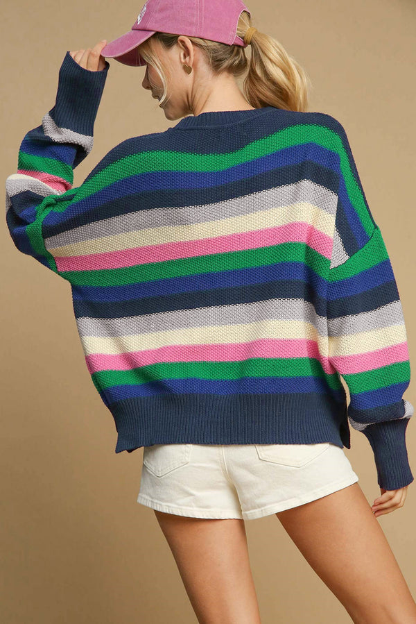 Rainbow Striped Crew Neck Drop Shoulder Sweater