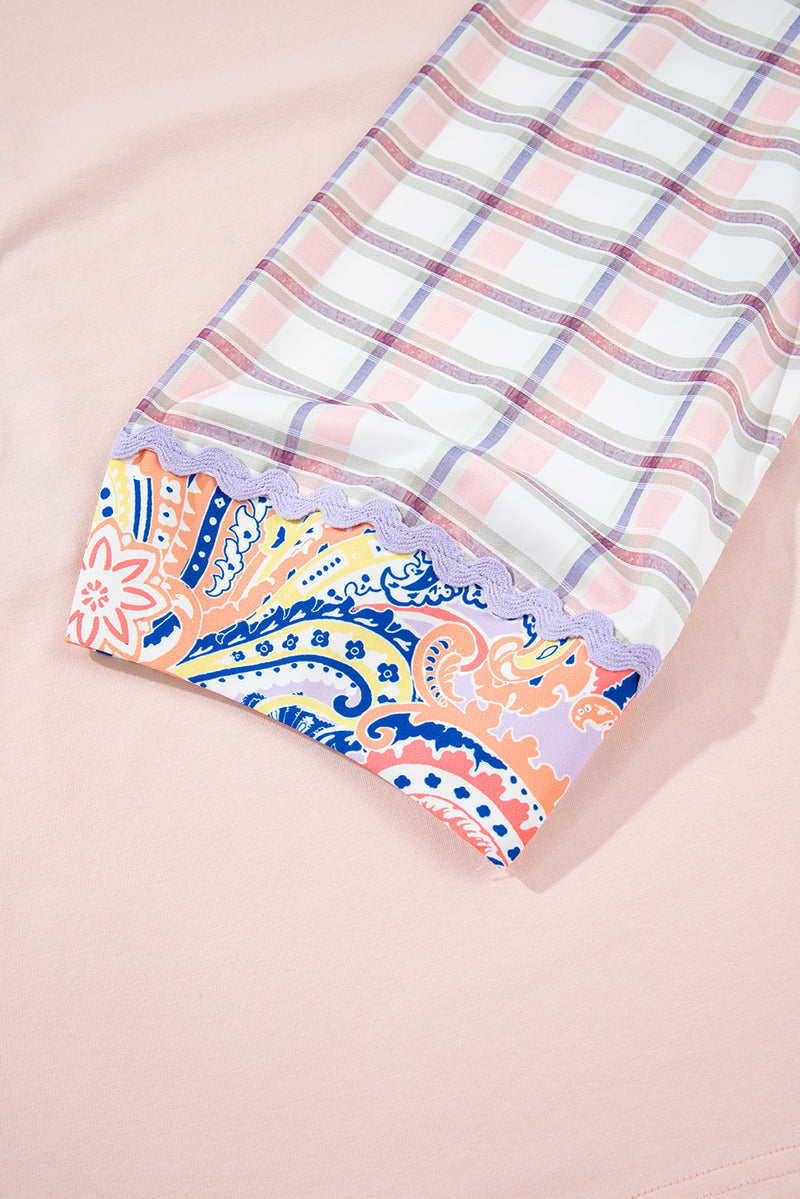 Delicacy Ricrac Trim Floral Plaid Patchwork Puff Sleeve Blouse