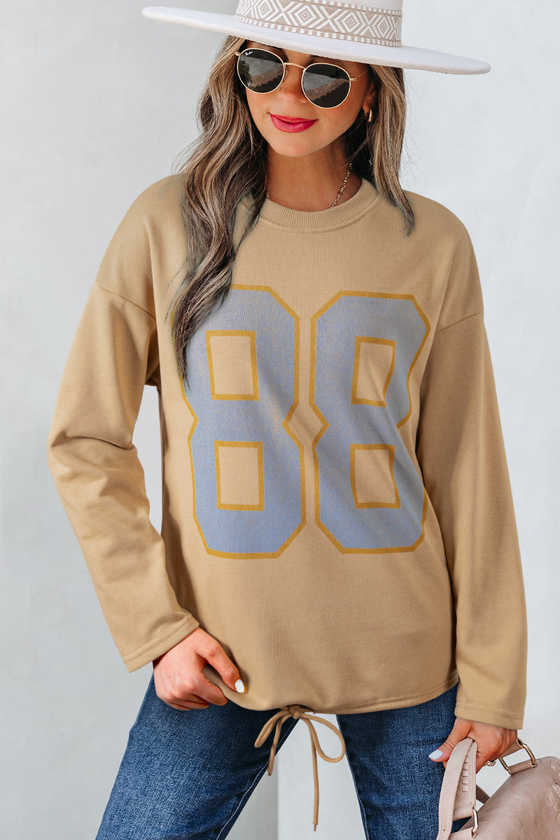 Number Graphic Drawstring Hemline Oversize Long Sleeve Top