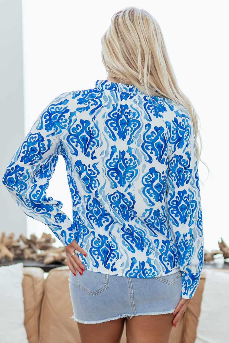 Blue Ethnic Printed Tie Split Neck Button Front Puff Sleeve Shirt