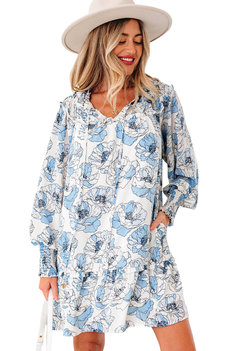 Floral Print Tie Neck Long Sleeve Flowy Mini Dress