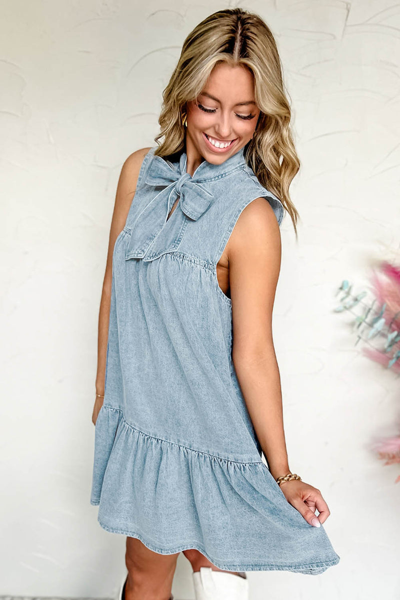 Bowknot Neck Sleeveless Ruffled Chambray Dress