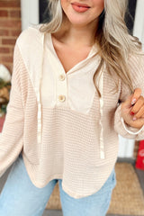 Waffle Patchwork Drop Shoulder Hooded Long Sleeve Top