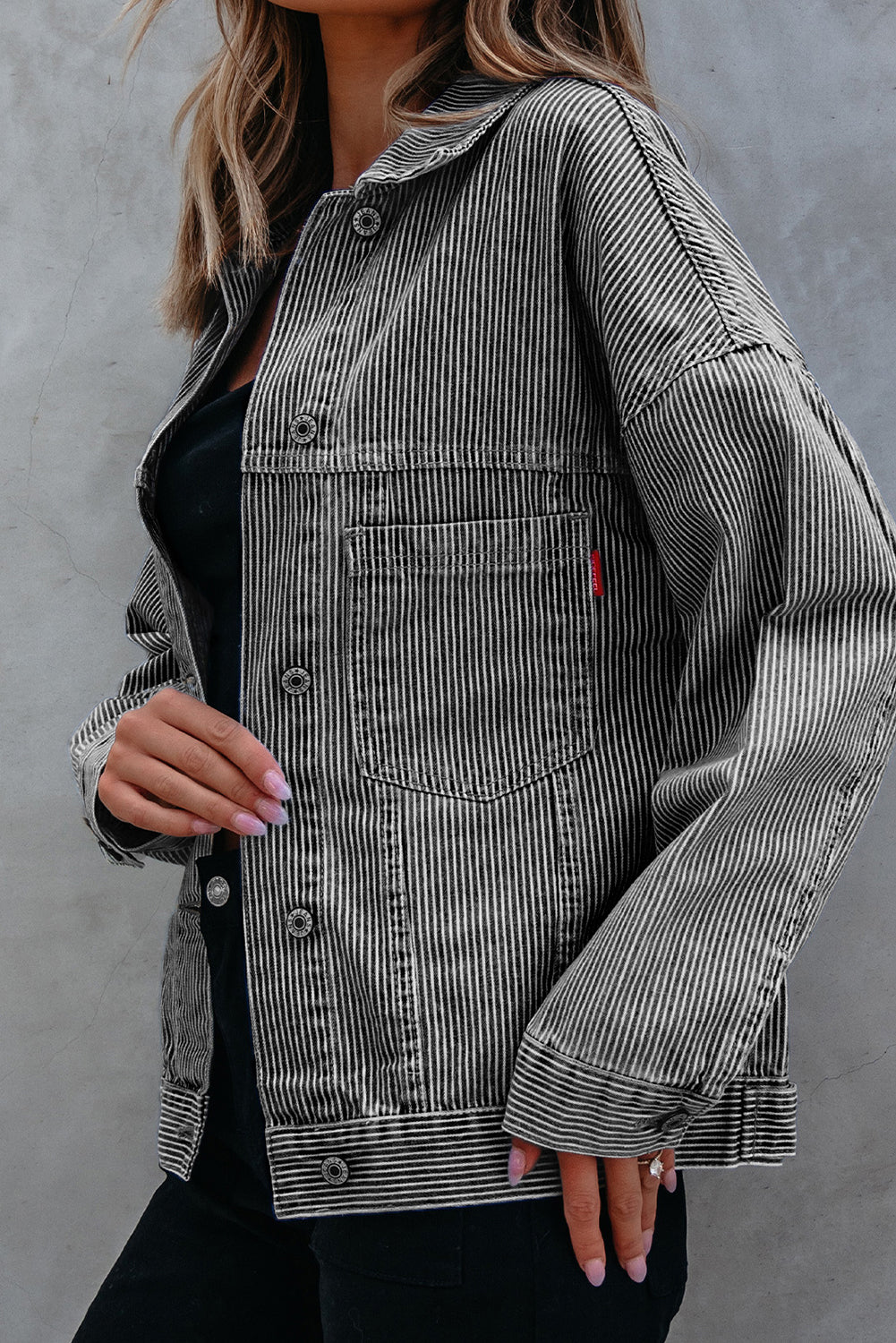 Stripe Washed Oversize Pocketed Denim Jacket