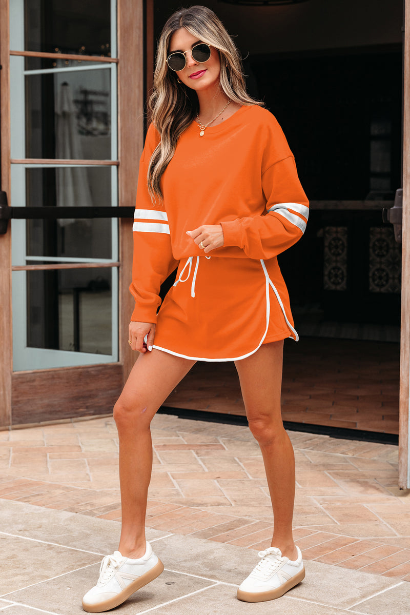 Varsity Stripe Detail Drop Shoulder Pullover Mini Skirt Set
