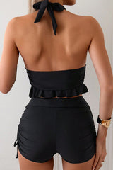 Halter V Neck Ruffled Swim Top and Drawstring Ruched High Waist Bikini