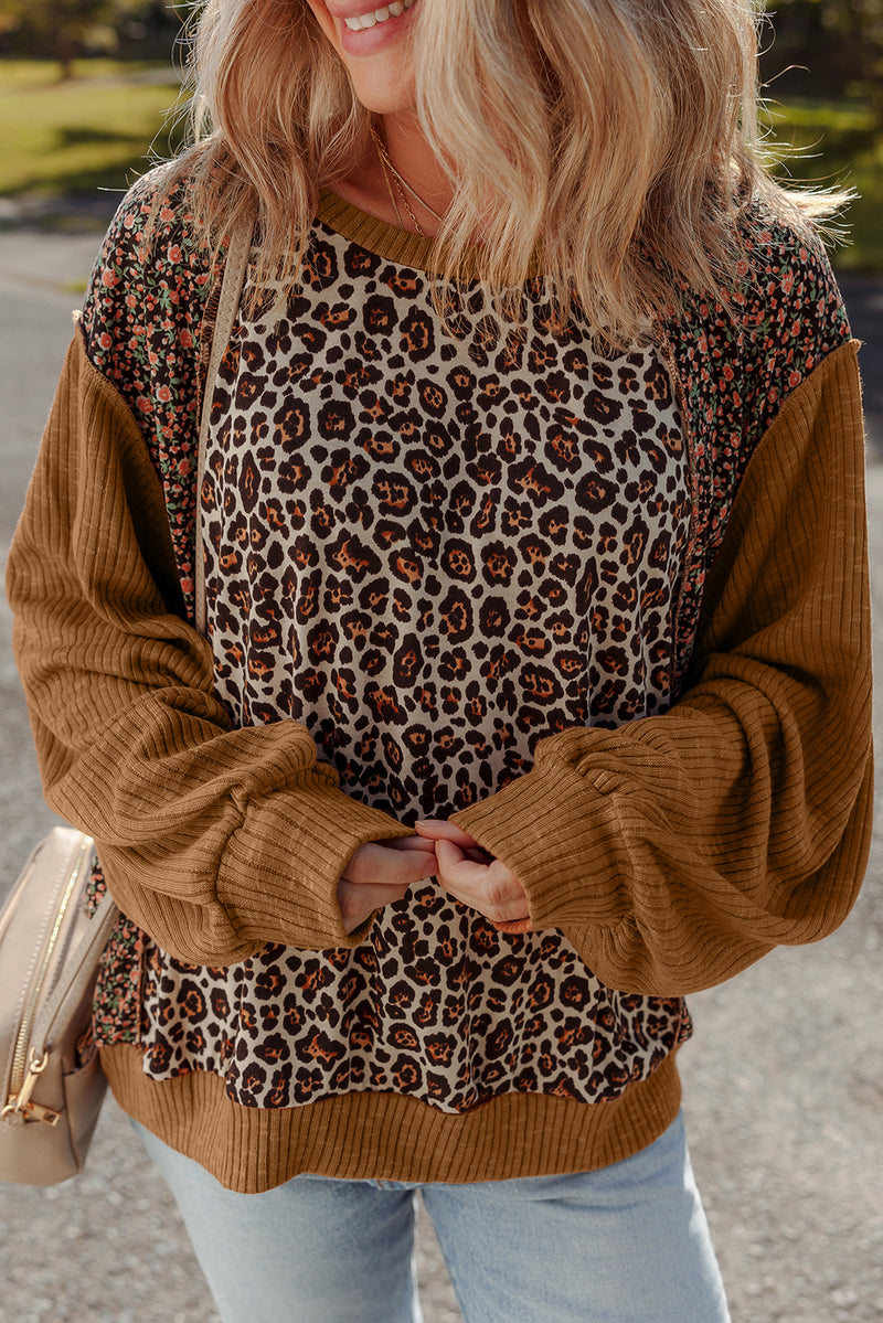 Leopard Print Ribbed Puff Sleeve Patchwork Loose Pullover
