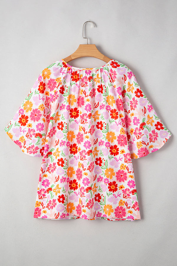 Floral Split V Neck Wide Short Sleeve Plus Size Blouse Top