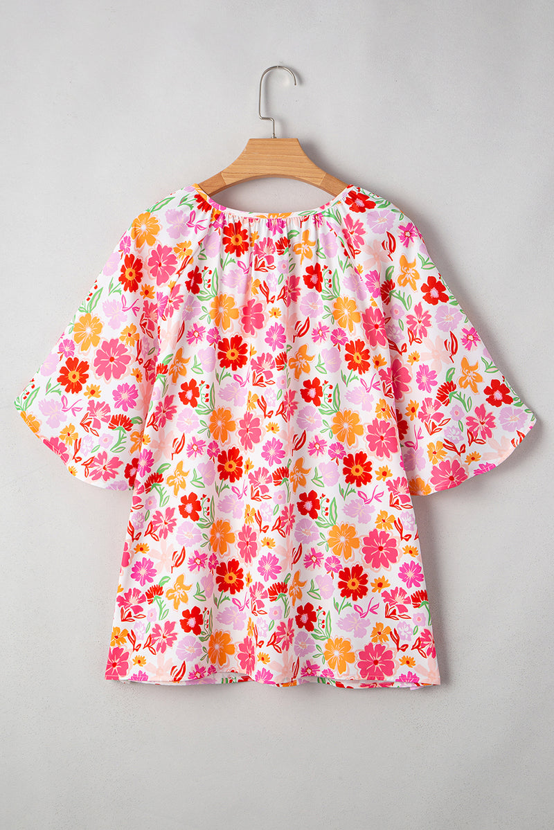 Floral Split V Neck Wide Short Sleeve Plus Size Blouse Top