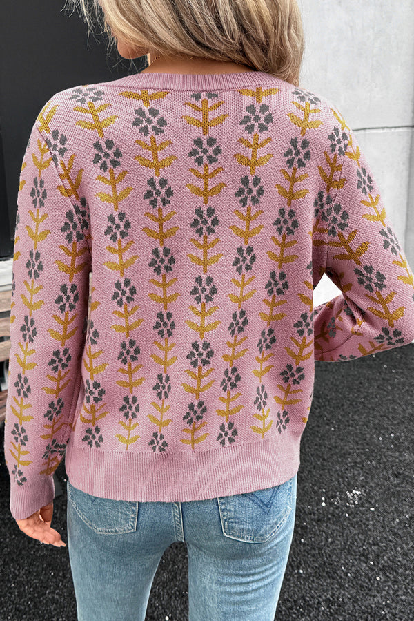 Floral Button Down Ribbed Banded Cardigan Sweater