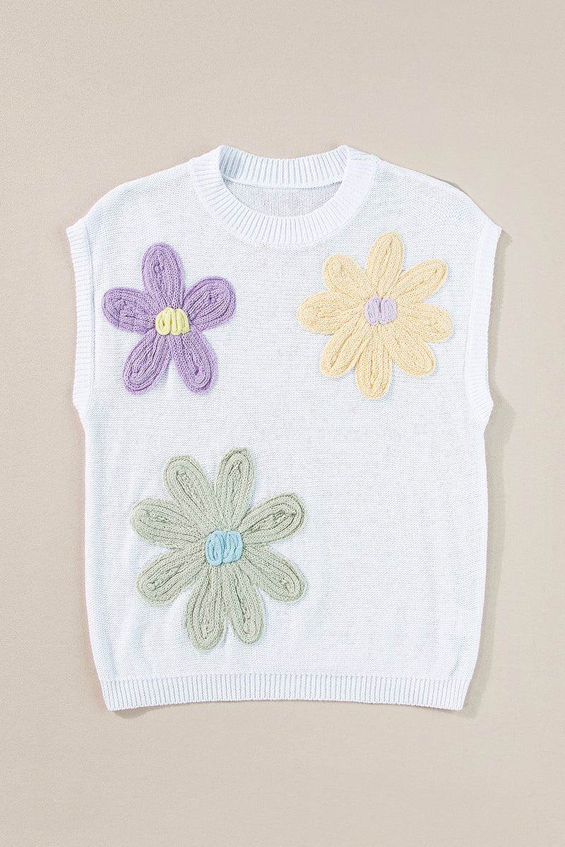 Multicolour Crochet Flower Knit Short Sleeve Sweater Top