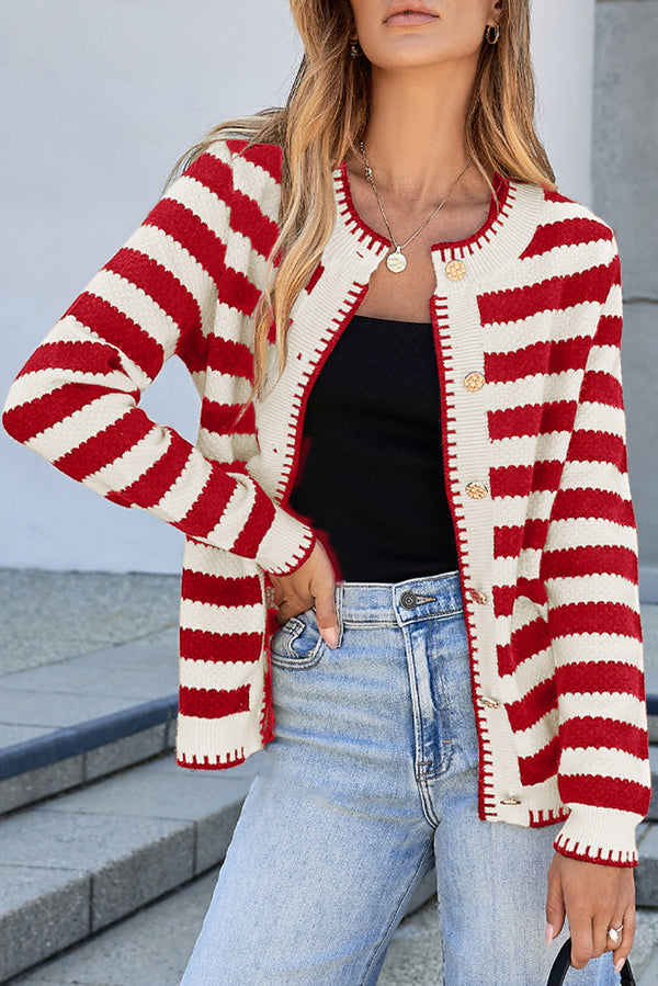 Solid Stripe Chic Golden Button Cardigan Sweater
