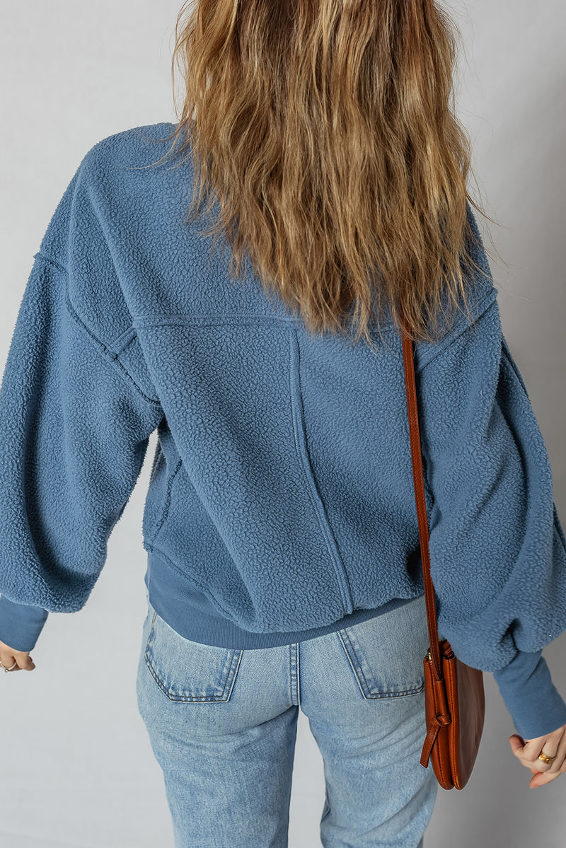 Fleece Drop Shoulder Exposed Seam Patchwork Casual Sweatshirt