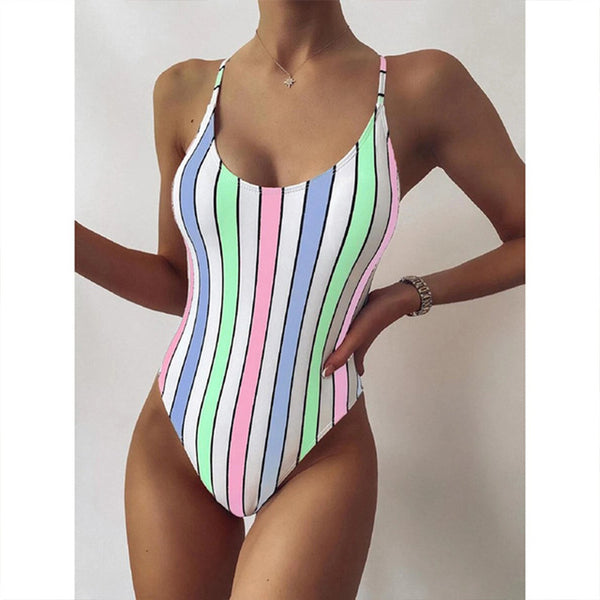 Multicolor Striped One-piece Swimsuit Women Swimwear