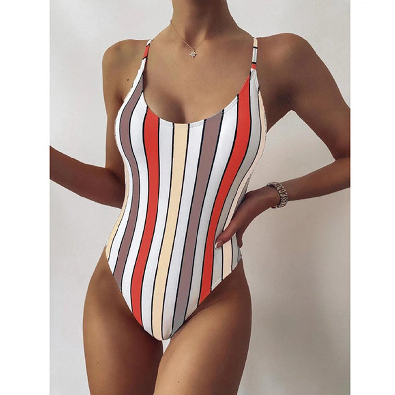 Multicolor Striped One-piece Swimsuit Women Swimwear