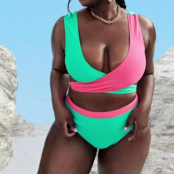 Plus Size Bikini Split Cross Color Matching Plus Fat High Waist Conservative Woman Swimsuit Women