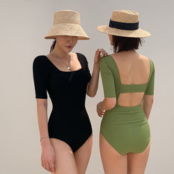 Square Neck Short Sleeve Cutout One-Piece Swimsuit