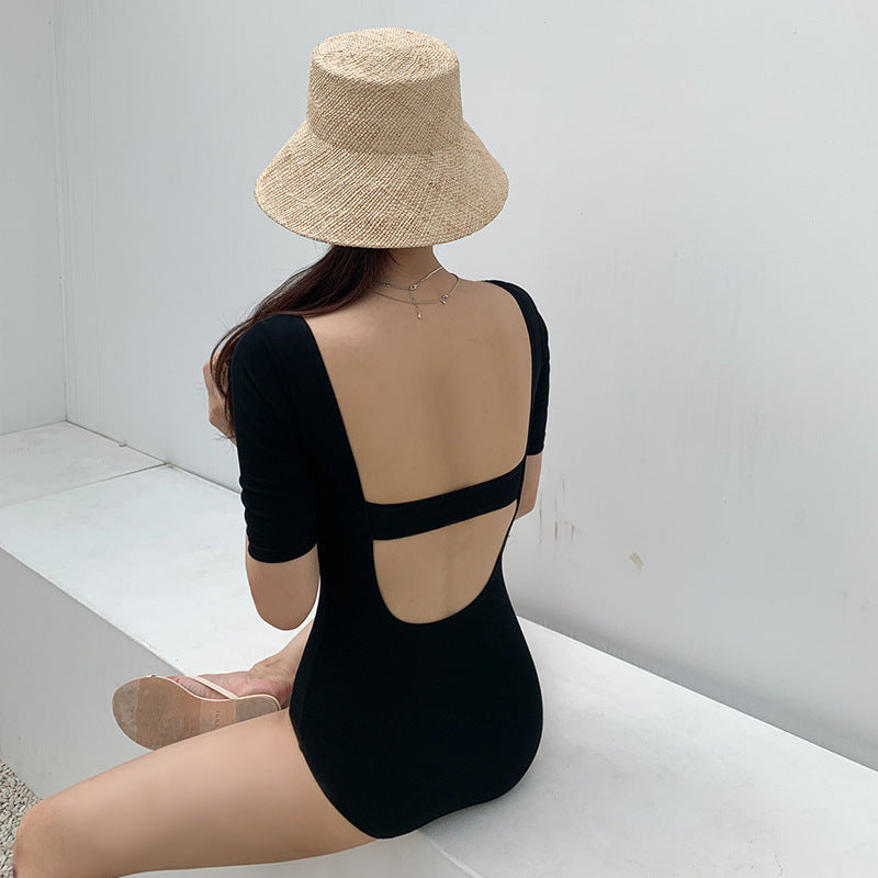 Square Neck Short Sleeve Cutout One-Piece Swimsuit