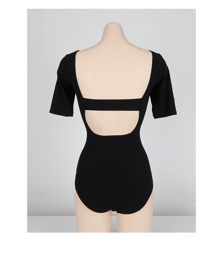 Square Neck Short Sleeve Cutout One-Piece Swimsuit