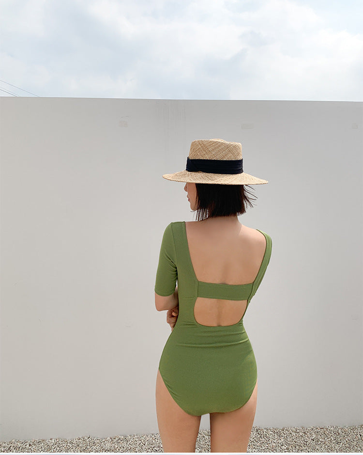 Square Neck Short Sleeve Cutout One-Piece Swimsuit
