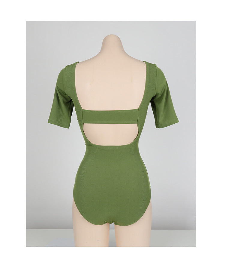 Square Neck Short Sleeve Cutout One-Piece Swimsuit