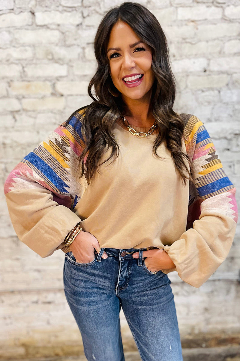 Light French Aztec Patchwork Raglan Pullover Sweatshirt