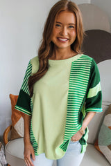 Striped Patchwork Textured Colorblock 3/4 Sleeve Knit Top