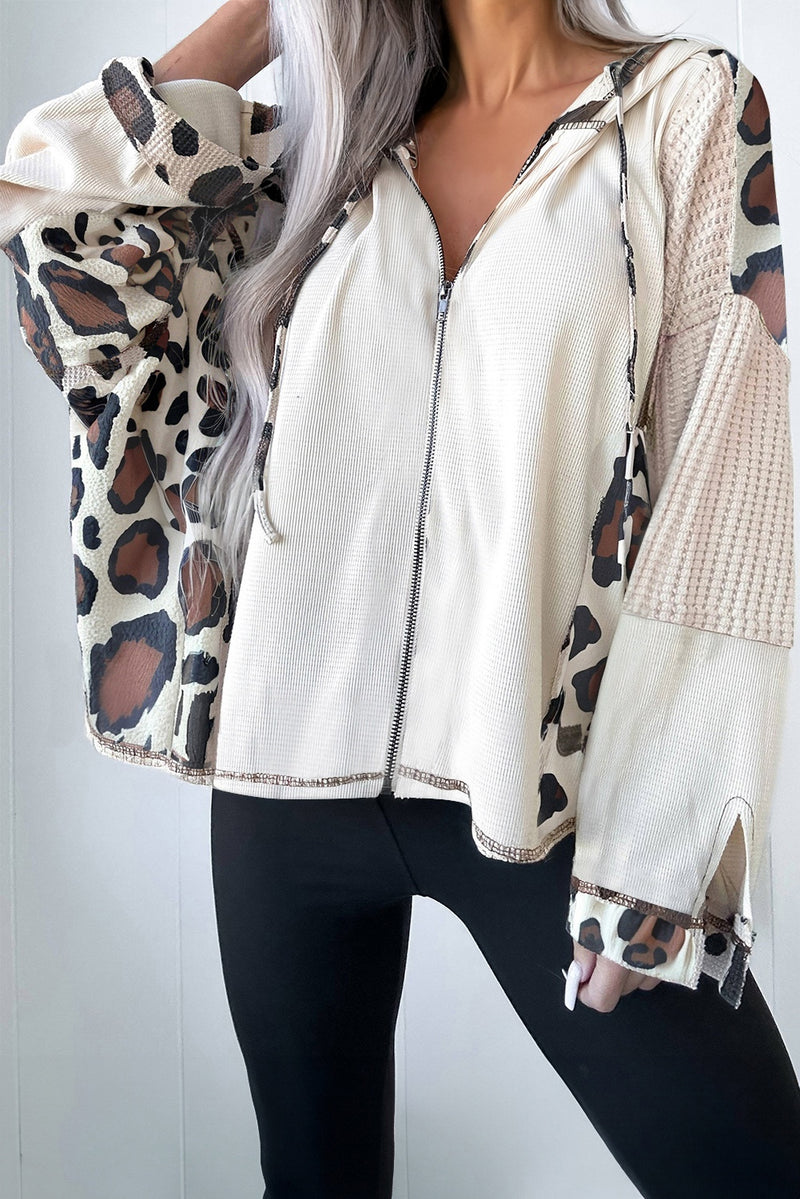 Oversized Leopard Contrast Mixed Texture Patchwork Zip Up Drop Shoulder Hoodie