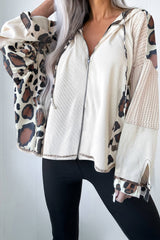 Oversized Leopard Contrast Mixed Texture Patchwork Zip Up Drop Shoulder Hoodie