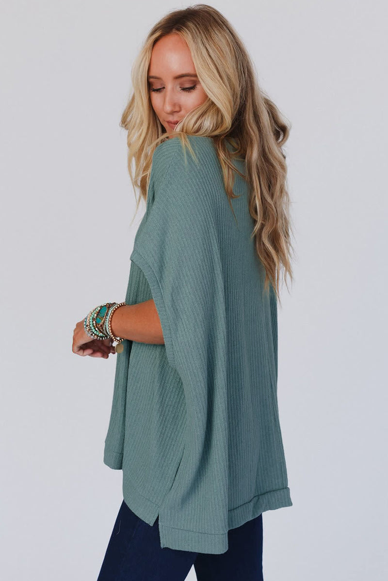 Oversized Ribbed Knit V Neck Dolman Short Sleeve Top