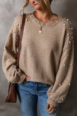 Solid Pearled Drop Shoulder Round Neck Sweater