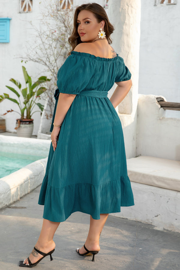 Frilled U Neck Puff Sleeve Belted Ruffle Hem Plus Size Midi Dress