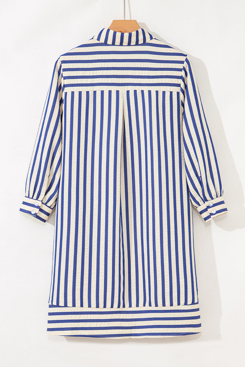Stripe Collared Half Button Side Pockets Loose Fit Mini Dress