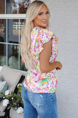 Abstract Printed Ruffled Short Sleeve Notched Neck Blouse